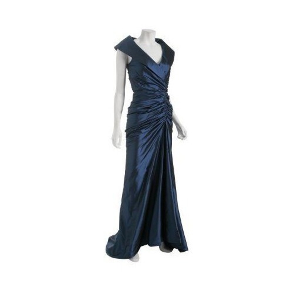 Tadashi Shoji 100% Silk Ruched Gown Dress Women 8 Hi Low Mermaid Iridescent Blue